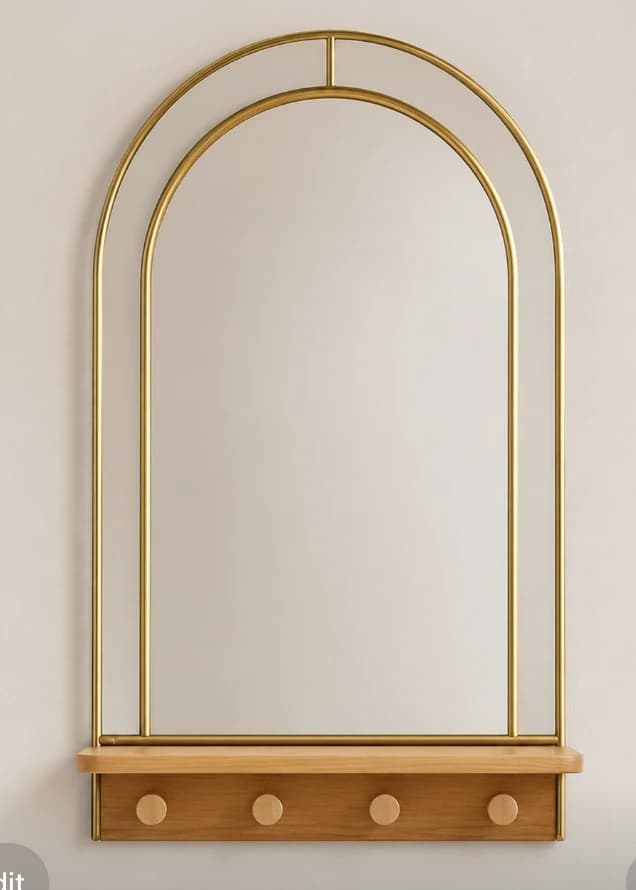 Gold Arch Mirror with Wooden Shelf