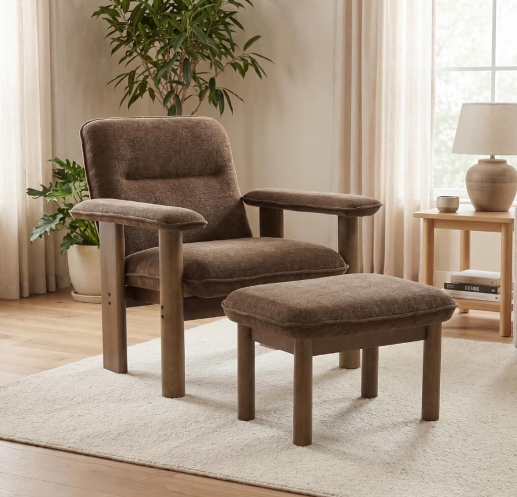 Walnut Armchair & Ottoman Set