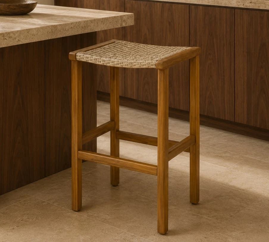 Minimalist Backless Teak & Rattan Counter Stool