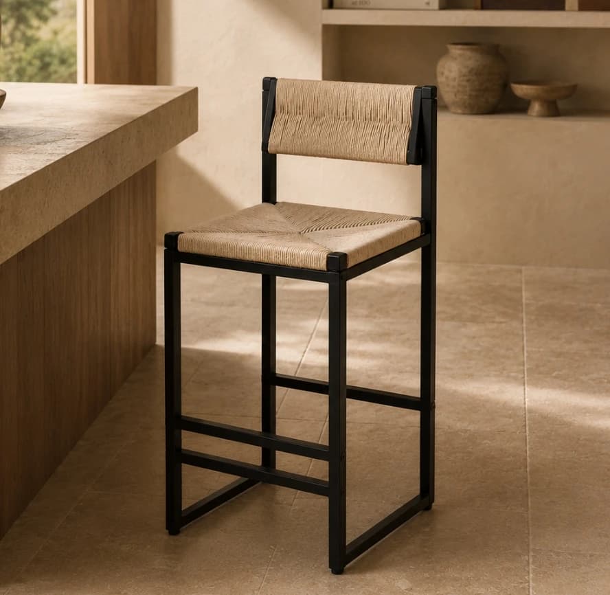 Minimalist Black Metal & Woven Rush Counter Stool