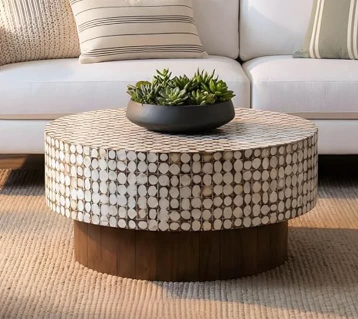 East At Main Round Wood Inlay Coffee Table