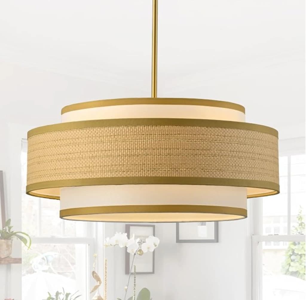 Warm Brass & Woven Grasscloth 2-Tier Drum Pendant Light
