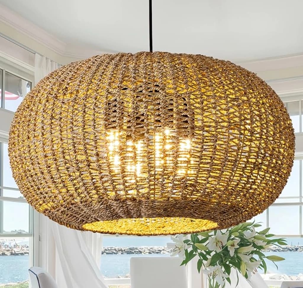 LUJOGUID Oversized Woven Seagrass Rope Chandelier Pendant